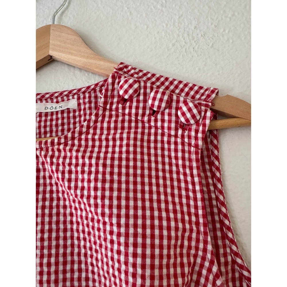 DOEN Gingham Mini Dress Side Button Organic Cotton Size 0 Red White Excellent - Picture 3 of 9